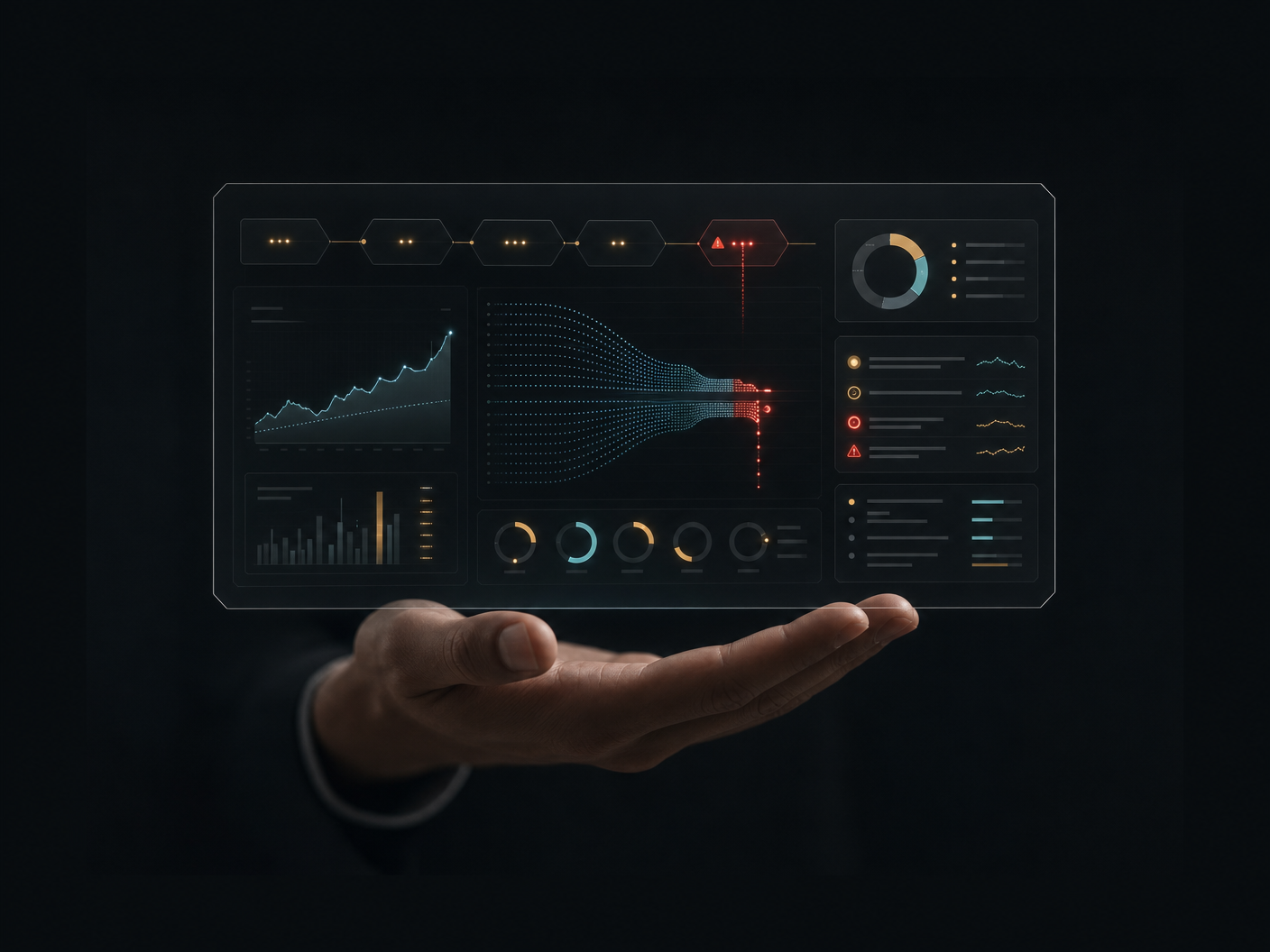 Executive revenue diagnostic dashboard hovering above a hand